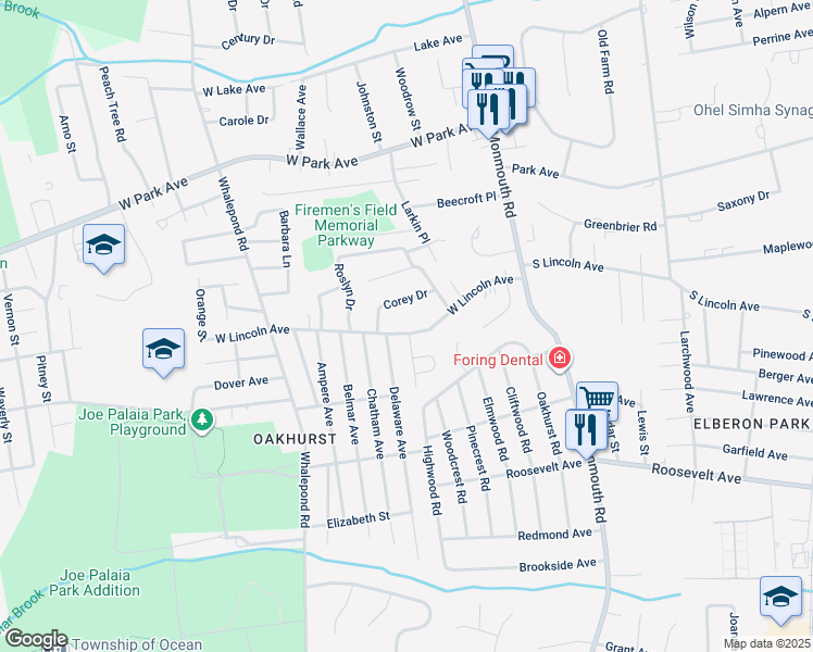 map of restaurants, bars, coffee shops, grocery stores, and more near 455 West Lincoln Avenue in Avon-by-the-Sea