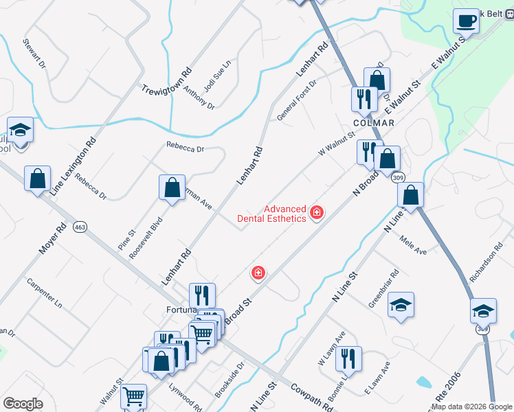map of restaurants, bars, coffee shops, grocery stores, and more near 2248 West Walnut Street in Colmar