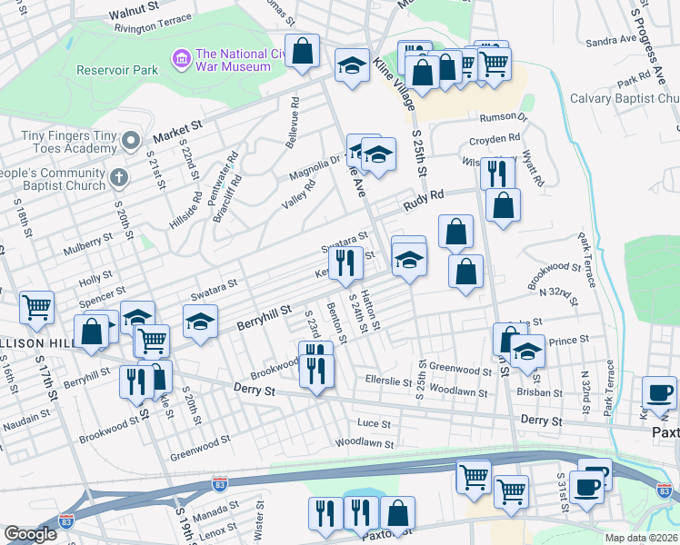 map of restaurants, bars, coffee shops, grocery stores, and more near 2358 Berryhill Street in Harrisburg