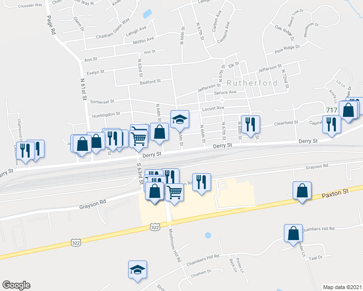 map of restaurants, bars, coffee shops, grocery stores, and more near 34 North 65th Street in Harrisburg