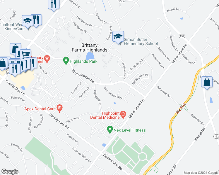 map of restaurants, bars, coffee shops, grocery stores, and more near 109 Larkspur Court in Chalfont