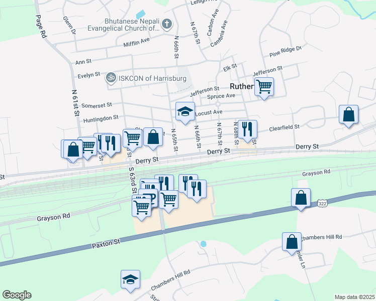 map of restaurants, bars, coffee shops, grocery stores, and more near 6520 Derry Street in Harrisburg
