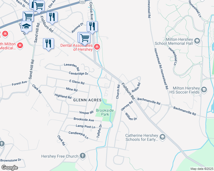 map of restaurants, bars, coffee shops, grocery stores, and more near 371 East Glenn Road in Hershey