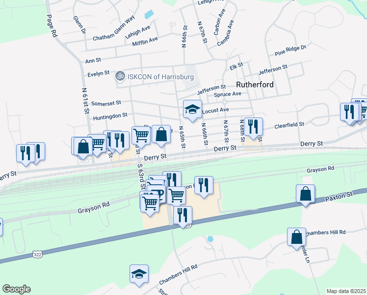 map of restaurants, bars, coffee shops, grocery stores, and more near 36 North 65th Street in Harrisburg