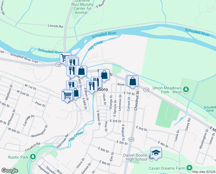 map of restaurants, bars, coffee shops, grocery stores, and more near 507 East 1st Street in Birdsboro