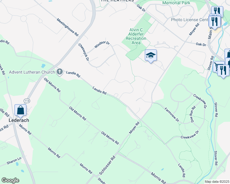 map of restaurants, bars, coffee shops, grocery stores, and more near 381 Landis Road in Harleysville