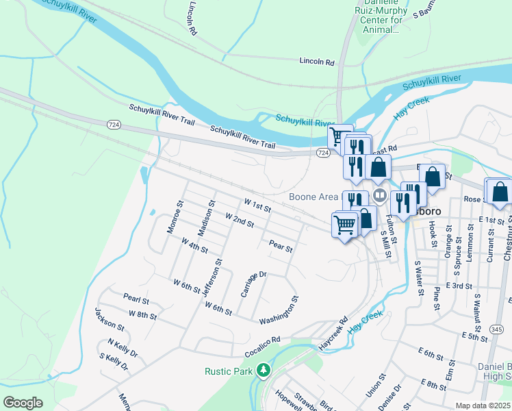 map of restaurants, bars, coffee shops, grocery stores, and more near 434 West 1st Street in Birdsboro