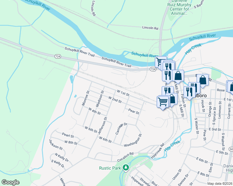map of restaurants, bars, coffee shops, grocery stores, and more near 434 West 1st Street in Birdsboro