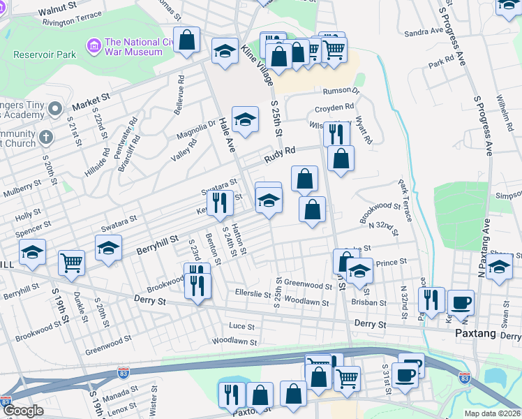 map of restaurants, bars, coffee shops, grocery stores, and more near 2472 Adrian Street in Harrisburg