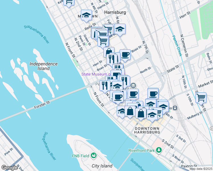 map of restaurants, bars, coffee shops, grocery stores, and more near 717A North 2nd Street in Harrisburg