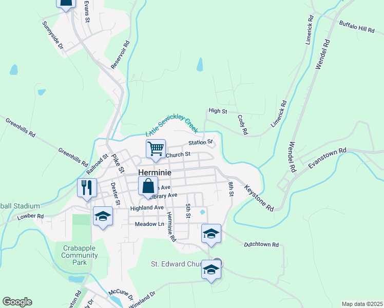 map of restaurants, bars, coffee shops, grocery stores, and more near 518 Church Street in Herminie