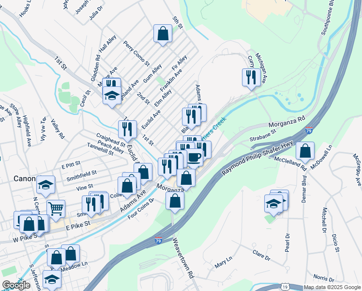 map of restaurants, bars, coffee shops, grocery stores, and more near 416 Blaine Avenue in Canonsburg