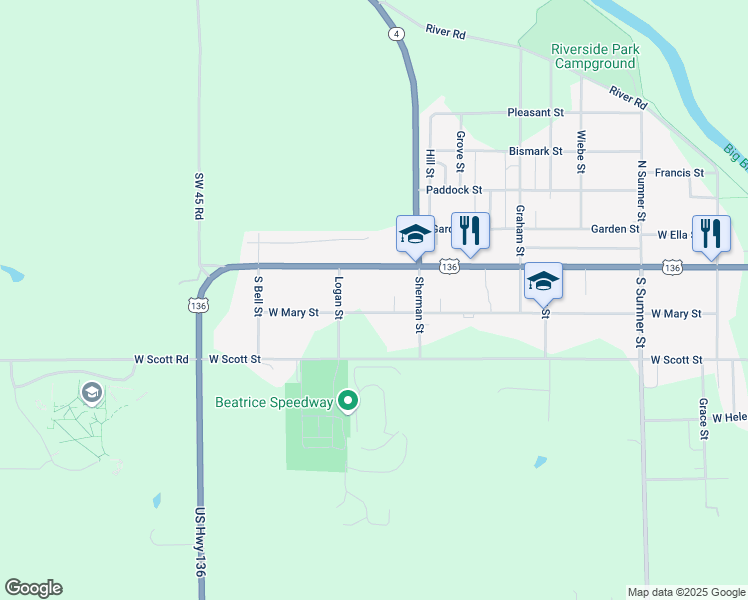 map of restaurants, bars, coffee shops, grocery stores, and more near 942 West Mary Street in Beatrice