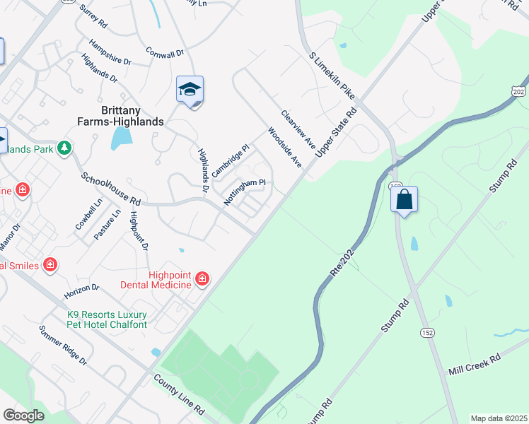 map of restaurants, bars, coffee shops, grocery stores, and more near 219 Cambridge Place in Chalfont