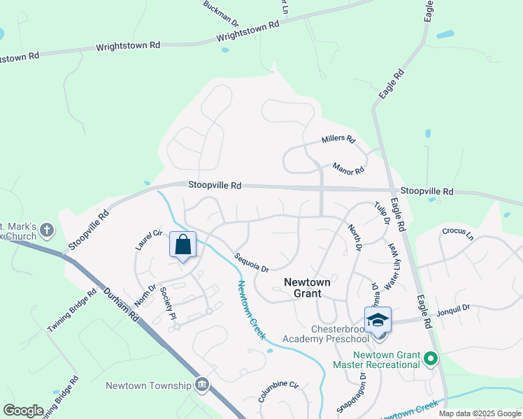 map of restaurants, bars, coffee shops, grocery stores, and more near 41 Birch Court in Newtown