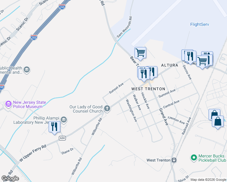 map of restaurants, bars, coffee shops, grocery stores, and more near 37 Sunset Avenue in Ewing Township