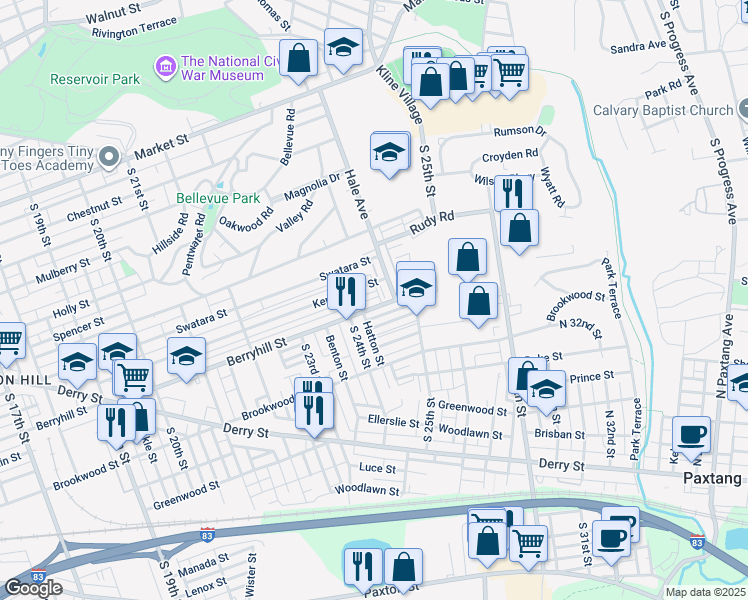 map of restaurants, bars, coffee shops, grocery stores, and more near 2434 Berryhill Street in Harrisburg