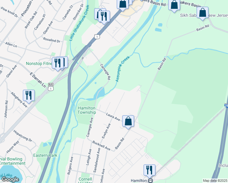 map of restaurants, bars, coffee shops, grocery stores, and more near 301 Evelyn Avenue in Hamilton Township