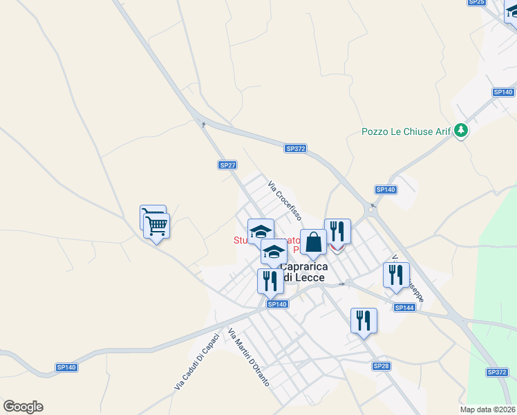 map of restaurants, bars, coffee shops, grocery stores, and more near 70 Via Milite Ignoto in Caprarica di Lecce