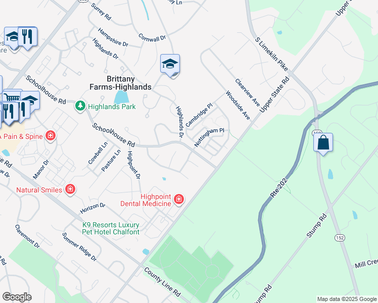 map of restaurants, bars, coffee shops, grocery stores, and more near 302 Wyndale Drive in Chalfont