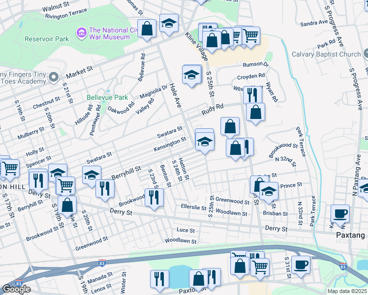 map of restaurants, bars, coffee shops, grocery stores, and more near 2434 Berryhill Street in Harrisburg