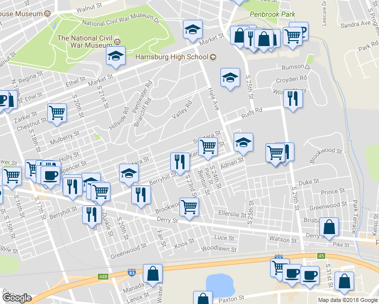 map of restaurants, bars, coffee shops, grocery stores, and more near 2326 Kensington Street in Harrisburg