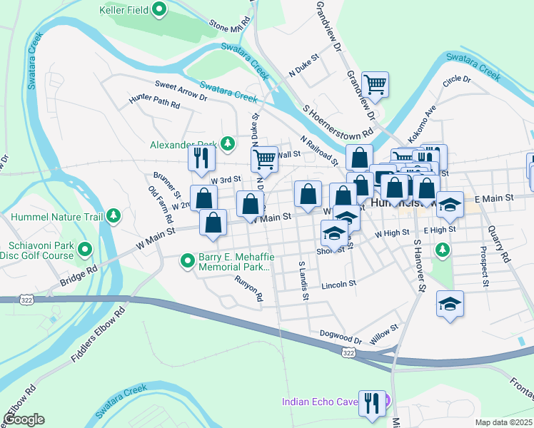 map of restaurants, bars, coffee shops, grocery stores, and more near 344 West Main Street in Hummelstown
