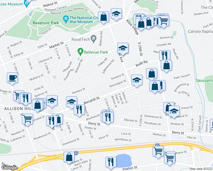 map of restaurants, bars, coffee shops, grocery stores, and more near 2326 Kensington Street in Harrisburg