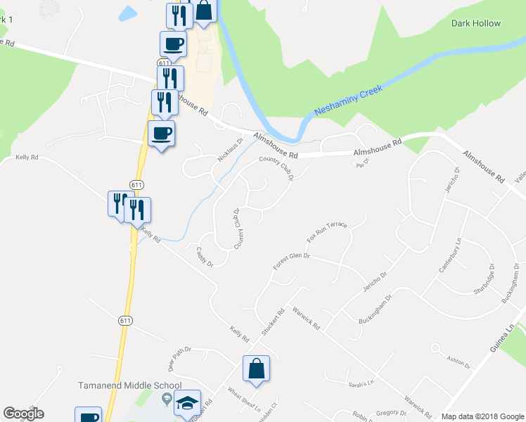 map of restaurants, bars, coffee shops, grocery stores, and more near 1005 Putters Place in Doylestown