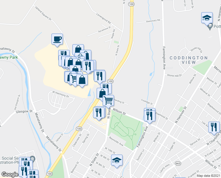 map of restaurants, bars, coffee shops, grocery stores, and more near 1186 N State St in Pottstown
