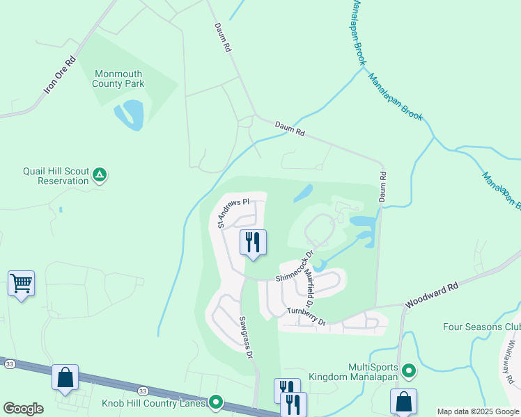 map of restaurants, bars, coffee shops, grocery stores, and more near 429 Saint Andrews Place in Manalapan Township