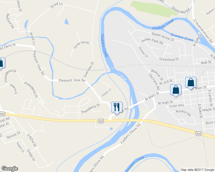 map of restaurants, bars, coffee shops, grocery stores, and more near 9122 Joyce Lane in Hummelstown