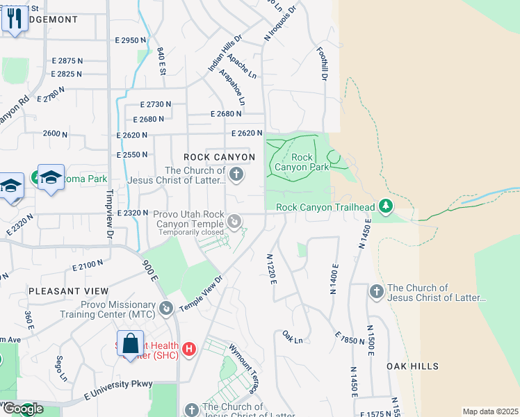 map of restaurants, bars, coffee shops, grocery stores, and more near 2276 Temple View Drive in Provo