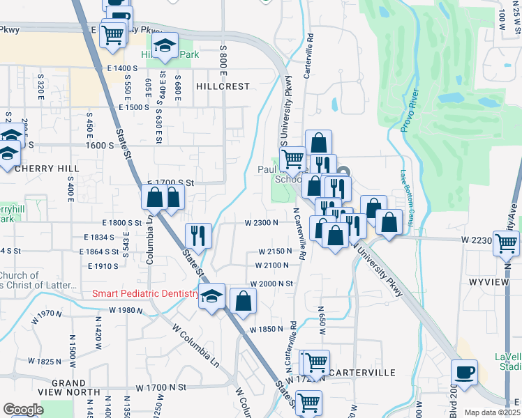 map of restaurants, bars, coffee shops, grocery stores, and more near 856 West 2300 North in Provo