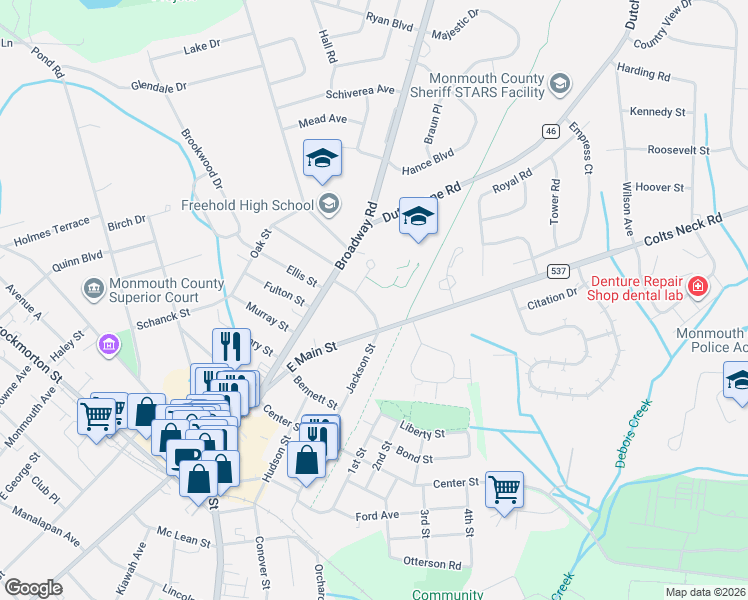 map of restaurants, bars, coffee shops, grocery stores, and more near 15 Jackson Terrace in Freehold