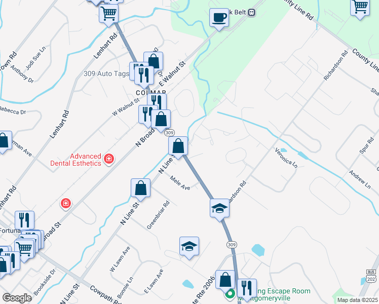 map of restaurants, bars, coffee shops, grocery stores, and more near 577 Bethlehem Pike in Montgomeryville