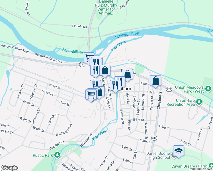 map of restaurants, bars, coffee shops, grocery stores, and more near 122 North Mill Street in Birdsboro