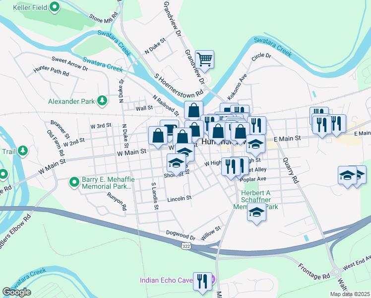 map of restaurants, bars, coffee shops, grocery stores, and more near 25 South John Street in Hummelstown