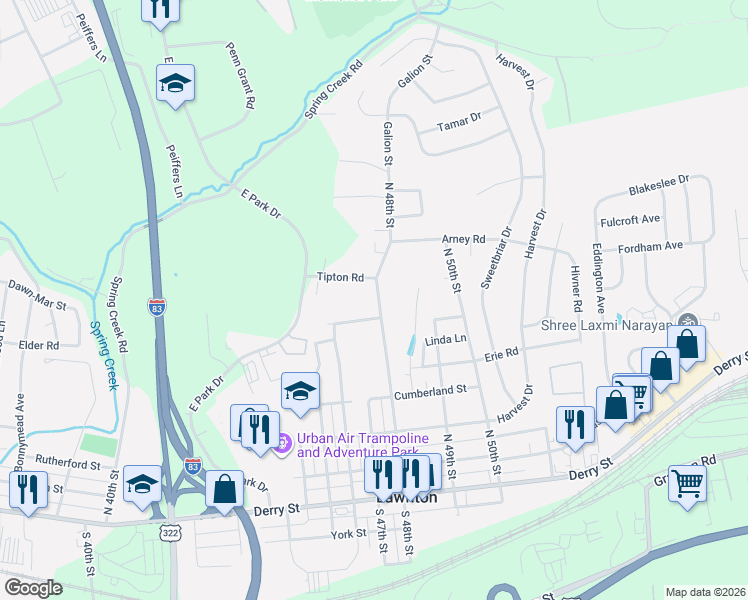 map of restaurants, bars, coffee shops, grocery stores, and more near 4700 Stricker Road in Harrisburg