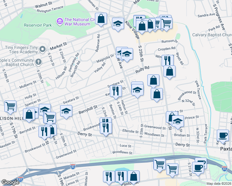 map of restaurants, bars, coffee shops, grocery stores, and more near 2358 Berryhill Street in Harrisburg