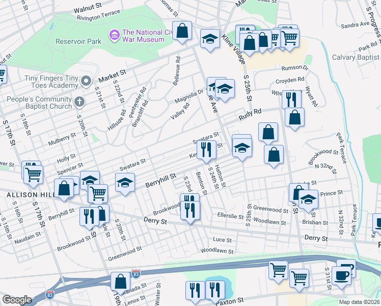 map of restaurants, bars, coffee shops, grocery stores, and more near 2313 Kensington Street in Harrisburg