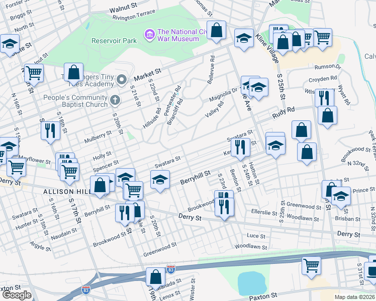 map of restaurants, bars, coffee shops, grocery stores, and more near 2147 Swatara Street in Harrisburg