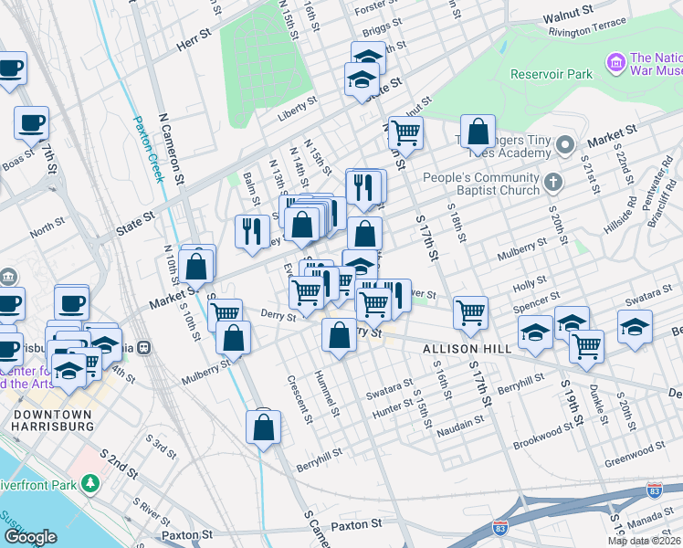map of restaurants, bars, coffee shops, grocery stores, and more near 43 South 13th Street in Harrisburg