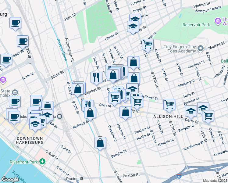 map of restaurants, bars, coffee shops, grocery stores, and more near 1220 Chestnut Street in Harrisburg