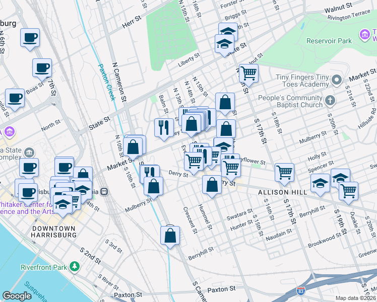 map of restaurants, bars, coffee shops, grocery stores, and more near 1220 Chestnut Street in Harrisburg