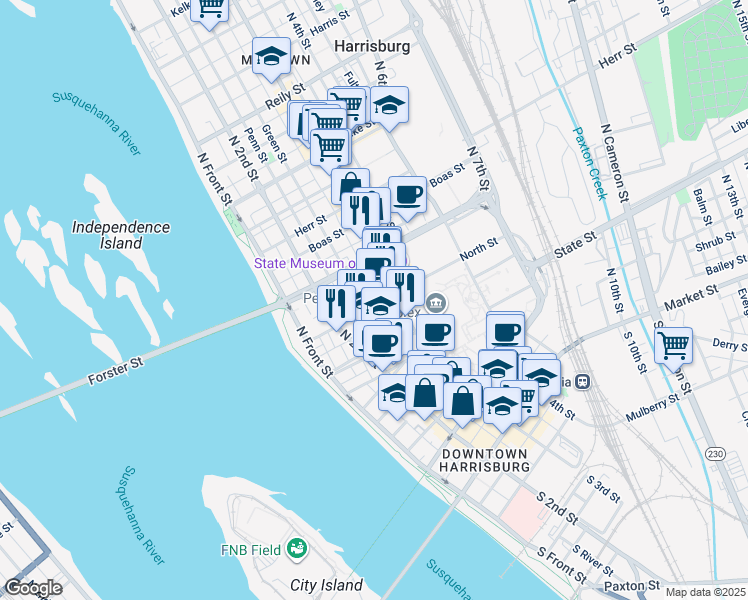 map of restaurants, bars, coffee shops, grocery stores, and more near in Harrisburg