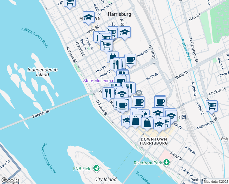 map of restaurants, bars, coffee shops, grocery stores, and more near 231 North Street in Harrisburg