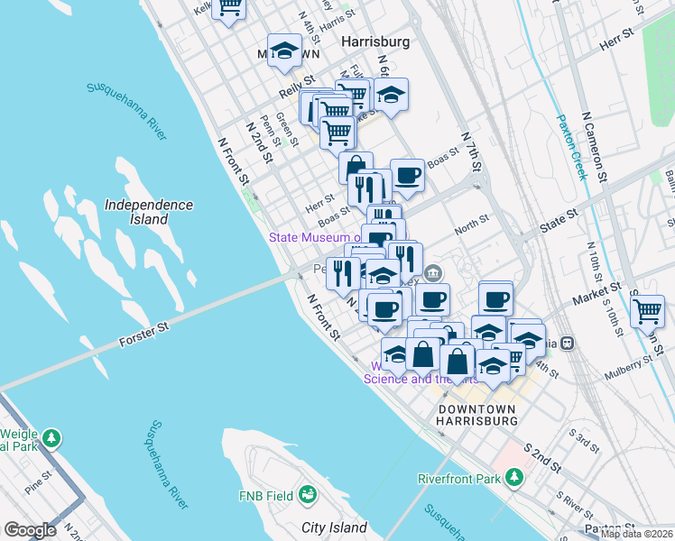 map of restaurants, bars, coffee shops, grocery stores, and more near 717A North 2nd Street in Harrisburg