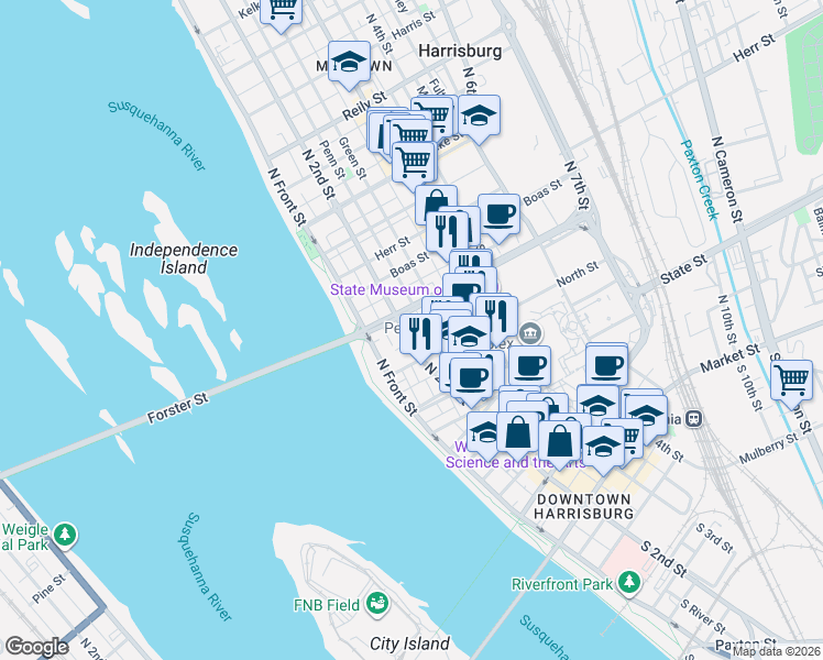 map of restaurants, bars, coffee shops, grocery stores, and more near 717A North 2nd Street in Harrisburg