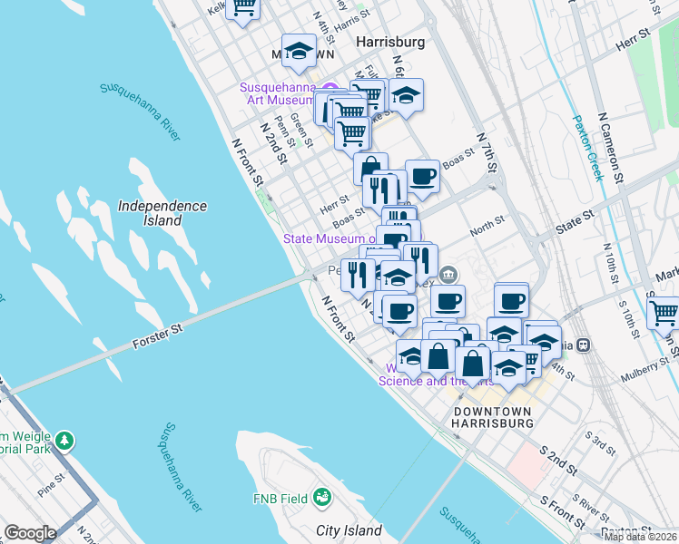 map of restaurants, bars, coffee shops, grocery stores, and more near 717A North 2nd Street in Harrisburg